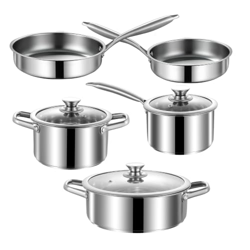 SHEUMNT 8 Piece Stainless Steel Pots and Pans Set, Kitchen Utensils | Induction Cookware Sets with...