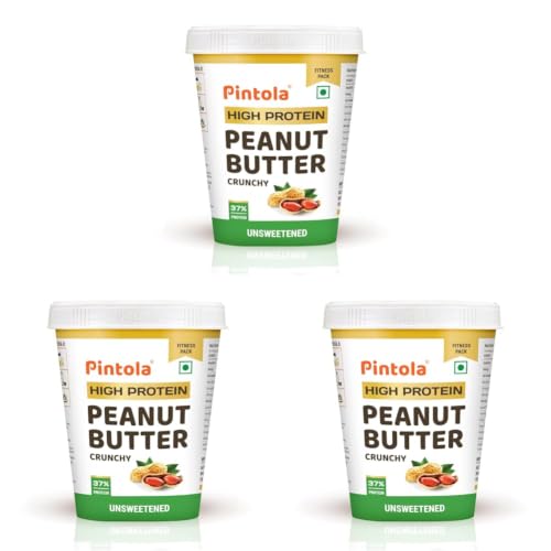Image of Pintola High Protein All Natural Peanut Butter | Unsweetened | 37g Protein | Imported Whey Protein and Roasted Peanuts (Crunchy, 510g) (Pack of 3)