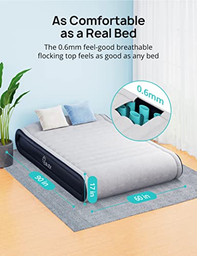 Evajoy Queen Inflatable Air Mattress With Built In Pump, 17'' Double High Airbed Headboard, 3 Mins Quick Inflation/Deflation, Comfort Blow Up Flocked Top For Home, Camping, Blue & Grey (Ej-Hf004) #TOP4