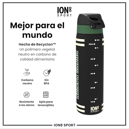 ion8 NBA Milwaukee Bucks Botella Agua, 500ml, a Prueba de Fugas, Fácil de Abrir, Cerradura Segura, Apta para Lavavajillas, Sin BPA, Asa de Transporte, Fácil de Limpiar, Neutro en Carbono