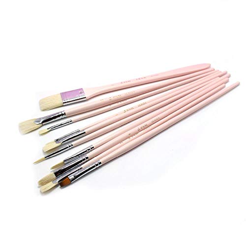 WYN 10 pcs Long Handle With Nylon Bristle Artist Pink Hair Brush Set For Watercolor Painting Drawing Acrylic Supplies