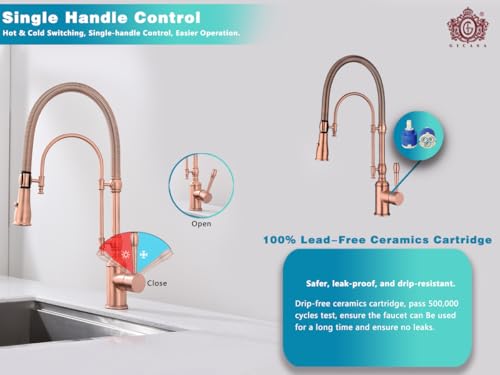 Image of Copper Kitchen Faucet, Single Handle, 360 Swivel High Arc Kitchen Sink Faucet, Red Copper Kitchen Faucet Pull Down Solid Brass Handle