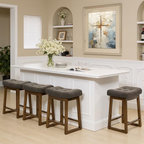 Image of Bar Stools Set of 4, Backless Counter Height Bar Stools, 24 Inch Modern Saddle Bar Stools with Walnut Legs & Upholstered Fabric Seat, Wooden Counter Stools for Kitchen Island, Home Bar, Brown