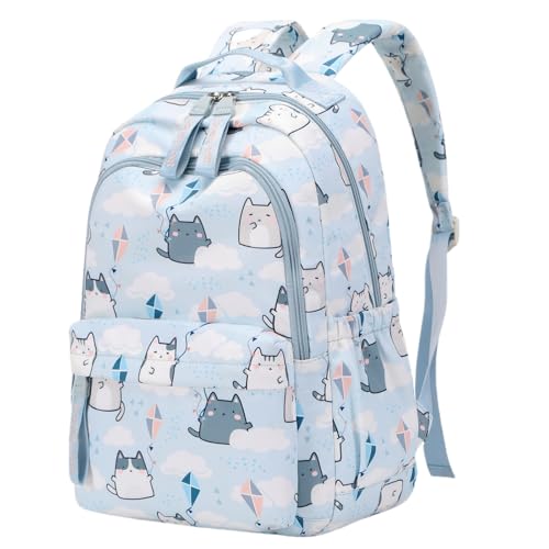 Mfikaryi Mochilas para meninas Mochila de gato fofo para escola primária, Azul claro, Large, Mochilas Daypack