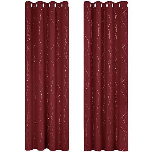 Deconovo Cortina Opaca para Habitación Matrimonio de Línas Plateadas Estilo Moderno Elegante con Ojales 2 Piezas 140x180cm Rojo Oscuro