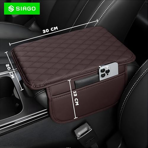 Image of SIAGO Car Armrest Cover Cushion with Storage Bags | Soft Center Console Protector Pad | Non-Slip, Waterproof & Durable | Universal Fit for Cars, SUVs & Trucks (Brown) SIA144