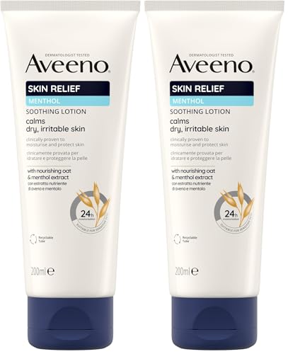 Image of Aveeno Skin Relief Soothing Lotion (2x 200ml) Body Lotion with Nourishing Oat and Menthol Extract, Suitable For Sensitive Skin, 24-Hour Hydration Moisturiser, Clinically Proven To Protect Dry Skin