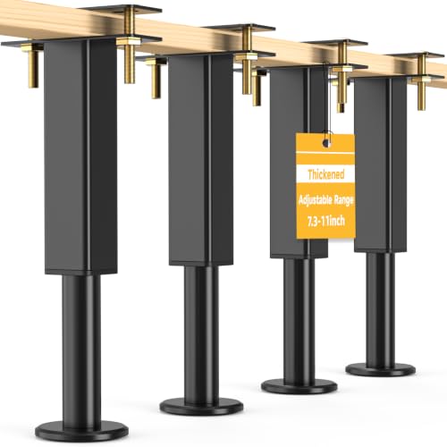 4PCS Adjustable Height Bed Support Legs 7.3-11 In Metal Heavy Bed Risers with Non-Slip Rubber Base Replacement Furniture Feet for King Queen Frame Slats Sofa Couch Cabinet Dresser Table