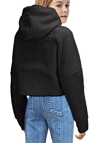 Girls Fleece Pullover Hoodies Half Zipper Sherpa Hooded Crop Zip Up Jacket Coats With Pockets 5-12 Years Black #TOP1