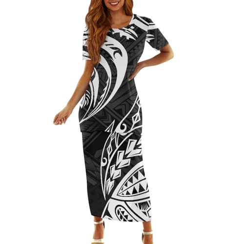 Couples Matching Puletasi Dress and Hawaiian Shirt Polynesian Traditional Print Aloha Shirt Two-Piece Dress Outfit4