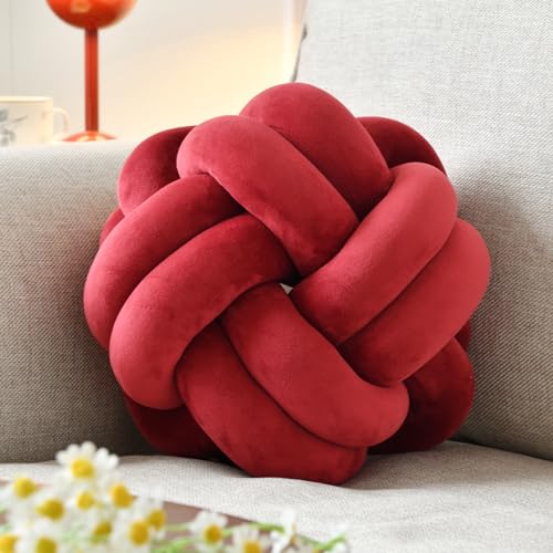 VBGYA Knot Ball Pillow, Round Decorative Throw Pillows Cushion, 11 Inch Burgundy Soft Plush Knotted Pillows Pillow, Modern Home Throw Knot Decorative Cushion