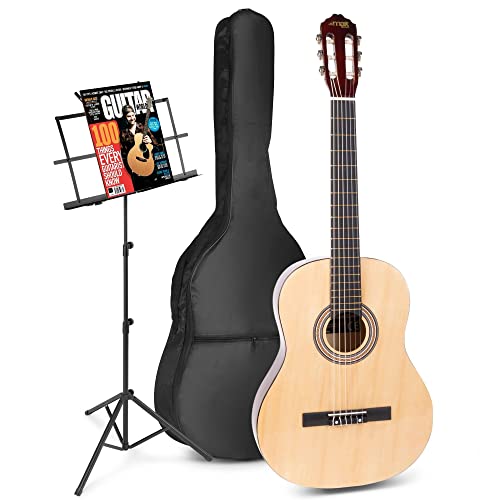 MAX SoloArt Guitare Acoustique Classique avec Pupitre – Bois, Idéal pour Débuter la Guitare - Les Beatles, Paul McCartney, John Lennon, RIngo Starr, George Harrison MAX SoloArt Guitare Acoustique Classique avec Pupitre - Bois, Idéal pour Débuter la Guitare