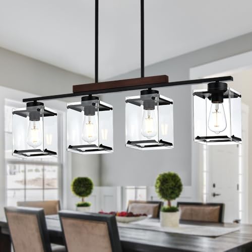 TODOLUZ4-Lights Farmhouse Dining Room Chandelier, Black Kitchen Island Pendant Light Ceiling with Solid Wood & Rectangular Clear Glass, E26 Bulb Base
