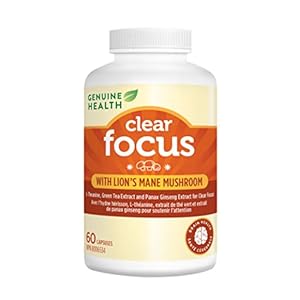 Genuine Health Clear Focus with Lion’s Mane Mushroom, Vegan, Gluten Free, Soy Free, Non GMO, 60 Count Capsules