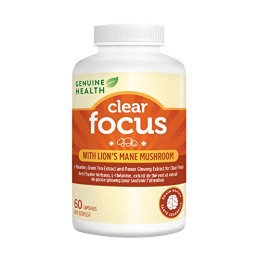 Genuine Health Clear Focus with Lion’s Mane Mushroom, Vegan, Gluten Free, Soy Free, Non GMO, 60 Count Capsules