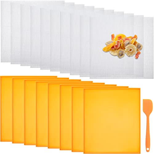 Image of Thenshop 8 Silicone Dehydrator Mats & 10 Mesh Dryer Mats and 1 Baking Scraper, Reusable Non Stick Silicone Dehydrator Tray with Edge for Baking Fruits Meat Vegetables(Orange)