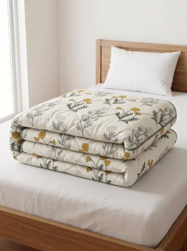 Image of Mafatlal 120 GSM Tulip Single Bed AC Comforter Blanket | Premium Microfiber Reversible All Season Rajai | Ultra Soft Lightweight Quilt Duvet for Daily Home Use | 154 x 228 cm | Ivory