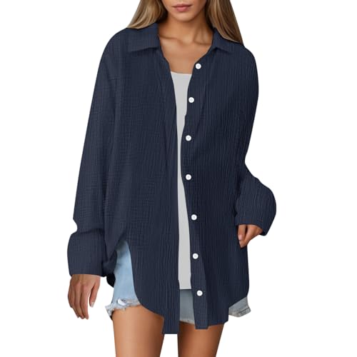 musselin Hemd Damen, Musselin Bluse Damen Oversized Weiss Sommer Hemdbluse Baumwolle Oversize Longbluse Langarm Modern Oberteile Long Shirt Elegant Hemd Bluse Locker Langarmshirt Tuniken