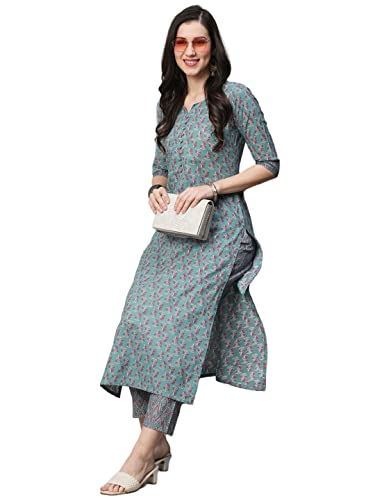 Image of GoSriKi Women's Cotton Blend Printed Straight Kurta With Pant