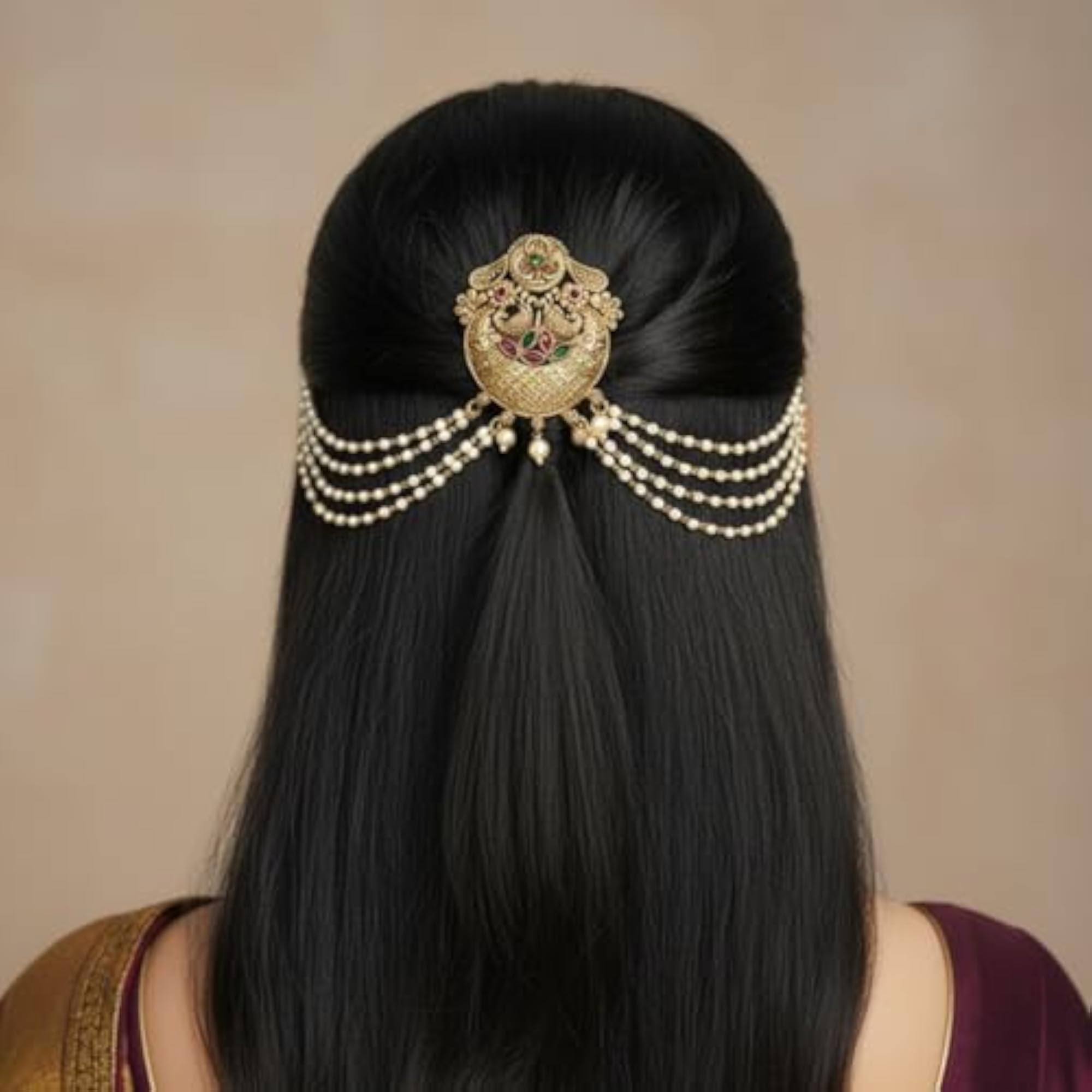 Traditional Brass Choti Hair Accessory with Antique Bead Chains