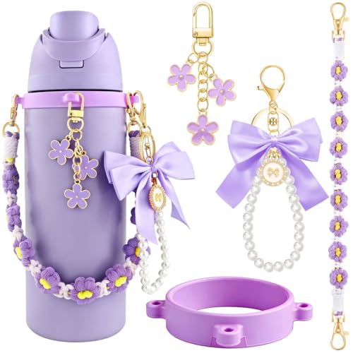 Lestp 4Pcs Water Bottle Accessories for Owala Stanley Cup Accessories Set Water Bottle Handle Strap Decoration Cute Tumbler Cup Accessories Set for Women Water Bottle Holder with Strap Silver Purple