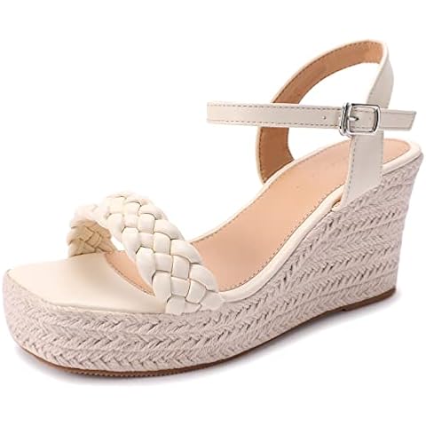 Zelaprox Women's Platform Wedge Sandals Braided Square Toe Espadrille Ankle Strap Sandals Summer Straw Woven Heeled Sandals Cover