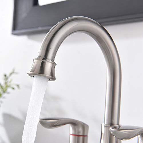 Friho Lead-Free Modern Commercial Two Handle Brushed Nickel Bathroom Faucet,Bathroom Vanity Sink Faucets with Drain Stopper and Water Hoses