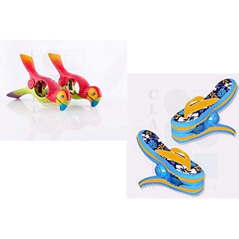 Beach towel 'Boca' Clips - 2 PAIRS - 1 pair of PARROTS & 1 pair of FLIP FLOPS(blue flowers) Cover