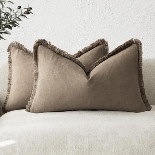 Image of Foindtower Set of 2 Decorative Linen Fringe Lumbar Throw Pillow Covers Boho Farmhouse Cushion Cover with Tassels Soft Accent Pillowcase for Couch Sofa Bed Living Room Home Decor,12x20 Inch,Light Brown