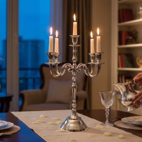 Image of Decorative Aluminum Vintage 5-Arm German Silver Candelabra Candle Holder - Elegant Metal Table Centerpiece for Home, Wedding, Party & Dining Room Decor