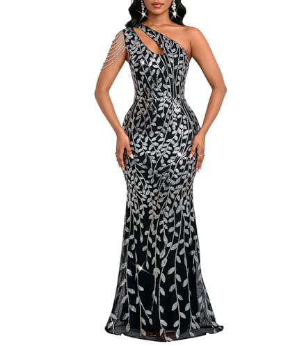 Image of Cololura Women Sequin Elegant Sexy One Shoulder Tassel Mermaid Bodycon Cocktail Evening Dress