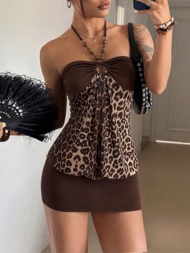 Image of Verdusa Women's Cheetah Print Y2K Dress Halter Bodycon Mini Party Dresses