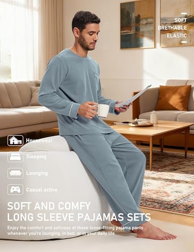 Image of Mofiz Men's Pajama Sets Viscose Long Sleeve Crewneck Warm Sleepwear