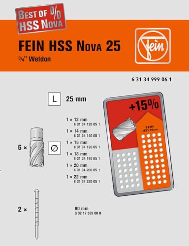 FEIN Zubehörset Best of Kernbohrer HSS 3/4 in Weldon -6 Kernbohrern Ø 12, 14, 16, 18, 20 und 22 mm (Schnitttiefe 25 mm) sowie 2 Zentrierstifte (80 mm) im Kunststoff-Koffer.
