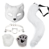 4 Pcs Faux Fur Therian Mask and Tail Set for Women Halloween Furry Fox Mask Paw Tail Leather Choker Cosplay Costume Accessories（F-White）
