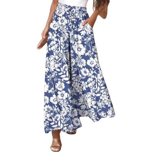 Akivide Women’s Flowy Boho Floral Print Wide Leg Pants Drawstring Smocked Waist Casual Baggy Beach Trousers with Pockets