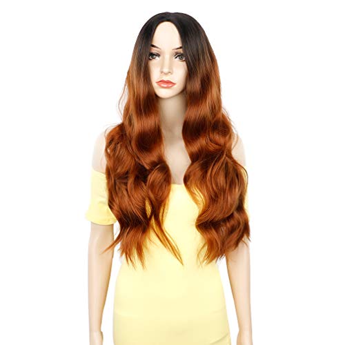Colorful Bird Ombre Brown Long Wavy Wig Synthetic Long Natural Curly Wig Middle Part Synthetic Wave Replacement Wig Heat Resistant 26 inches