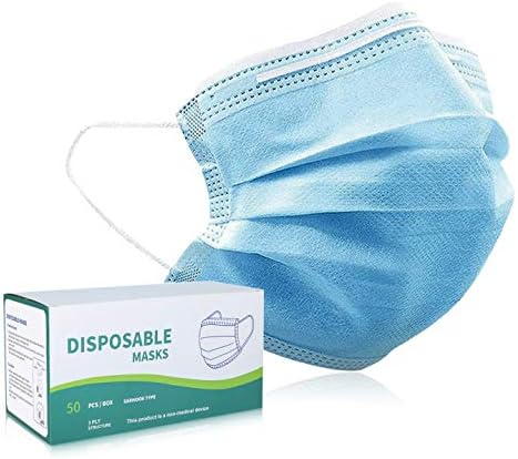 Honrane 50pcs Disposable Face Mask, Facial Masks, 3-Layer Mask Breathable Non-woven Anti Dust Mouth Masks Elastic Earloops, blue (133-3PlyMask_50pack)