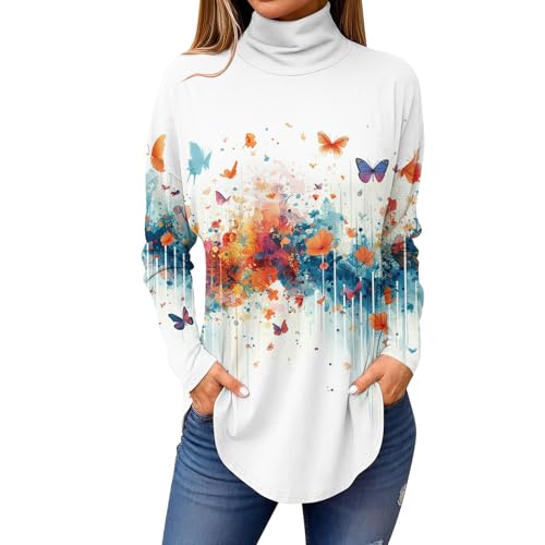 Long Sleeve Shirt for Women 2025 Plus Size Fall Clothes Vintage Printed High Neck Casual Tunic Pullover Blouses