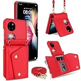 xinyunew Coque Compatible avec Huawei P50 Pocket,Etui Protection Housse Premium en Cuir PU,Collier pour �tui Colliers de cellulaire Mince Antichoc R�glable Lanyard Flip Case-Rouge