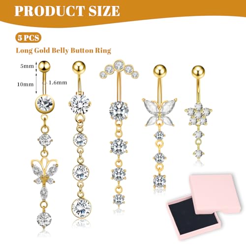 CharmBurst 5 pezzi di piercing ombelico pendente in acciaio chirurgico oro, anello ombelico con zirconi, set di piercing lungo ombelico resistente all'acqua