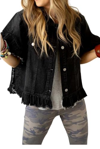 KevaMolly Womens Denim Jacket Short Sleeve Peacock Ruffled Denim Jacket Pocket Raw Hem Button Casual Daily Coat