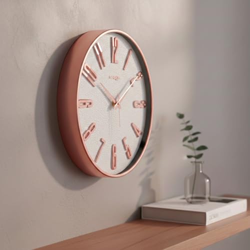 Image of RANDOM Sweep Silent Wall Clock, Non-Ticking Quartz Movement with 3D Foiling Numbers. (Rose Gold and White)