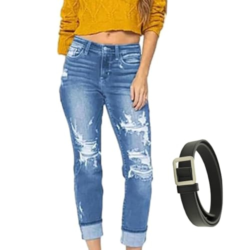 GDSAFS Mypeachd Jeans, Mypeachd Pants, Tummy Control Distressed Cuffed Boyfriend Jeans, Women Stretch