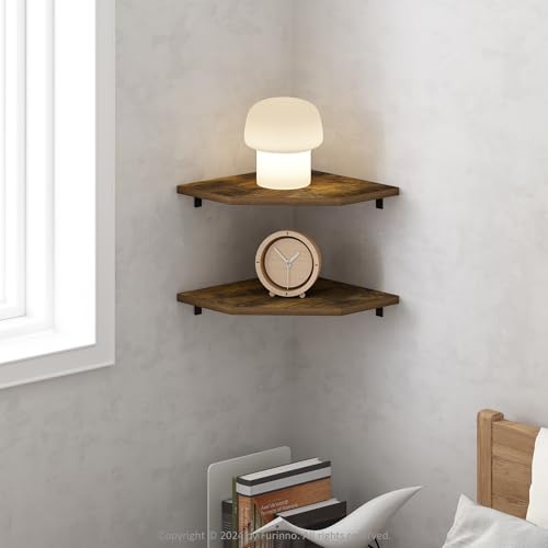 Image of Furinno Rossi Hexagon Floating Shelves for Wall, Set of 2 Geometric Corner Shelf, Wall Mounted Shelves for Bathroom, Home Office, Living Room, Amber Pine