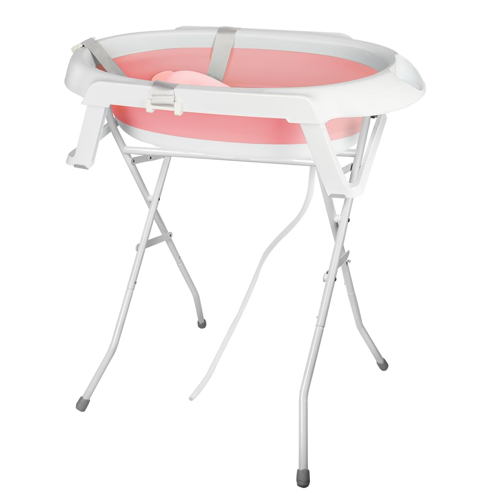 Babywanne mit Ständer Faltbare Baby Badewanne Set mit Gestell - Tragbare Rutschfeste Wanne für Neugeborene bis 3 Monate - Stützkissen inklusive-66 * 61 * 82cm – rosa