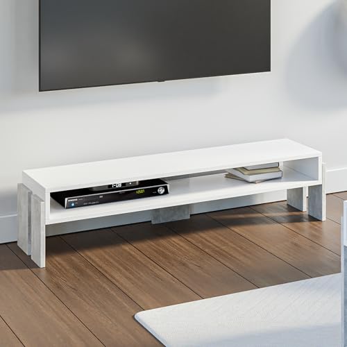 PROROOM FURNITURE - Umba - TV Schrank 120x35 Höhe 30 cm - Fernsehtisch mit Stauraum - Moderner Lowboard für Wohnzimmer - Fernseher Kommode – Weiß/Stein