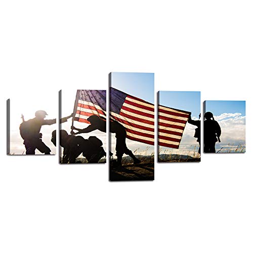 American Flag Background Military Family Canvas Wall Art On Usa Painting Modern Posters And Prints Pictures For Living Room, Home Decor Gallery-Wrapped Set 5 Panel Hooks Framed(50''W X 24''H) #TOP10