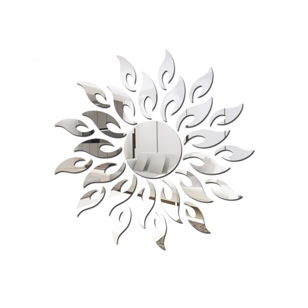 Nukinp 3D Sun Pattern Mirror Sticker Silver Acrylic Mirror Sheet Home DIY Wall Decor Sun Flower Decal &1