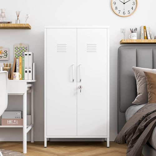 Image of PAOFIN 47 inch Metal Storage Locker, Lockable Employees Metal Locker with 2 Door and Adjustable Shelves, Steel Locker for Home, School, Office, Gym (White)